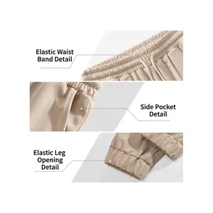 Beige men's loose casual joggers with drawstring waist, side pockets and ribbed cuffs