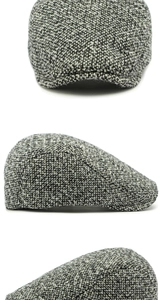 Three views of a retro tweed ivy cap showing vintage British style and textured fabric