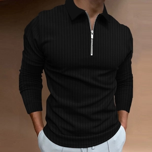 Detail of men's black ribbed long sleeve polo shirt with metallic zipper neckline