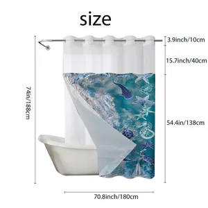 Detailed size chart for marine themed double layer shower curtain with ocean patterns