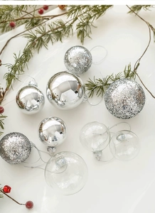 Close-up of 6cm silver glitter, mirror, and clear glass Christmas ball ornaments