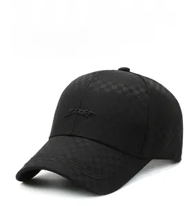 Close-up of black plaid baseball cap featuring 3D Sport letter embroidery and texture