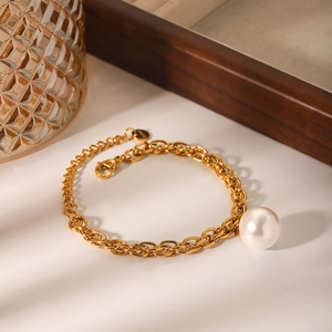 Chunky 18K gold plated stainless steel chain bracelet with a large white pearl pendant