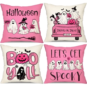 Detailed grid view of four linen Halloween pillow covers with spooky festive typography