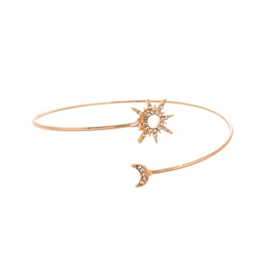 Elegant rose gold celestial sun and moon open bracelet with sparkling rhinestone inlay