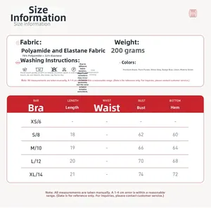 Detailed size chart for the women's strapless sports bra showing fabric specs and measurements