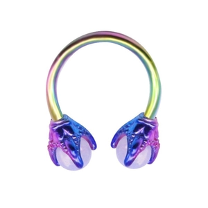 Rainbow surgical steel horseshoe ring featuring dragon claw ends holding purple beads