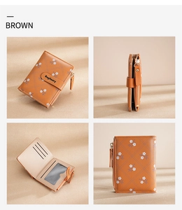 Detail view of brown PU leather wallet featuring floral patterns and multi-slot interior