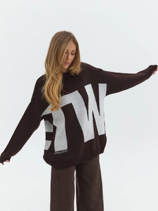 Close-up of dark brown knitted sweater featuring white letter W and since 2017 jacquard print