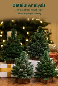 Detailed close-up of four mini artificial Christmas trees with real wood bases and pinecones