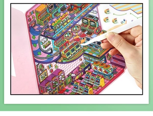Detail of colorful cartoon game room scene stickers with tweezers for DIY crafting