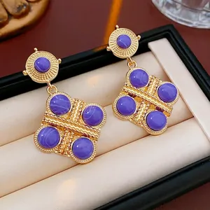 Orecchini Pendenti A Rombo Vintage Lega Placcata Oro Resina Viola Con Perno In Argento Stile Barocco Retrò Per Donna
