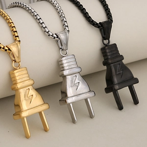 Hip hop punk style plug pendant necklaces in gold, silver and black stainless steel
