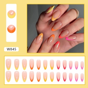 Almond French gradient press-on nails in yellow to pink shades with a 24-piece full set