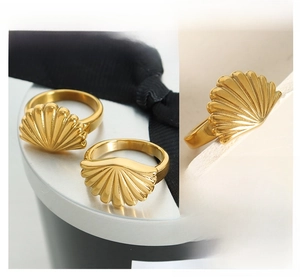 Detailed view of gold-plated scallop shell ring featuring textured vertical grooves