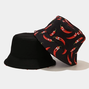 Reversible black bucket hat with creative chili print for sun protection and outdoor style