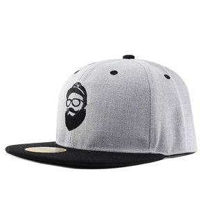 Grey and black snapback baseball cap featuring a beard man embroidery on the front