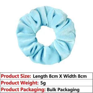 Detail view of light blue velvet scrunchie showing 8cm dimensions and 5g weight data
