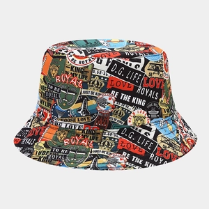 Detail of graffiti bucket hat featuring retro street style prints and crown patterns