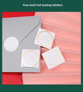 Detail of round gold-stamped stickers with LUCKY Best Wishes text for gift packaging