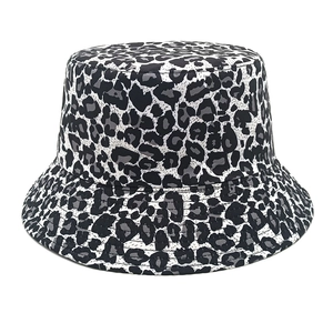 Classic leopard print bucket hat with grey and black animal patterns on white background