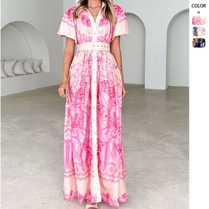 Vintage Floral Print Maxi Dress Polyester Puff Sleeve Lapel Button Up Belted Bohemian Summer Vacation For Women