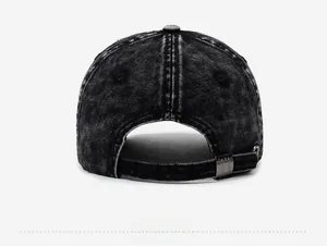 Detail view of the vintage washed cotton baseball cap with adjustable metal back buckle