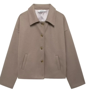 Flat lay of a taupe wool blend lapel jacket with buttons and front pockets