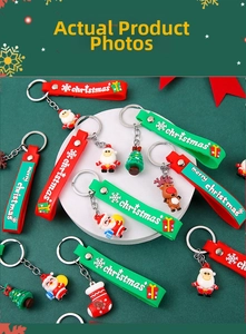 Detail view of silicone Christmas keychains with Santa Claus and tree charms on a green base