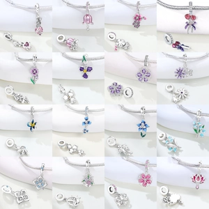 Floral 925 silver pendants set with enamel flowers and zircons for DIY bracelets