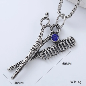 Silver scissor and comb pendant necklace with blue gemstone detail, size 60mm by 38mm