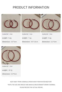 Detailed size chart showing dimensions and weights for red hoop earrings in four sizes