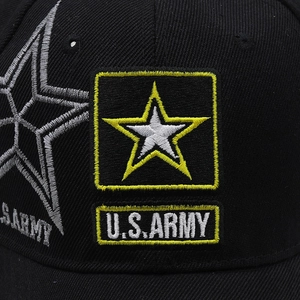 Detailed macro view of U.S. ARMY five-point star embroidery on a black baseball cap