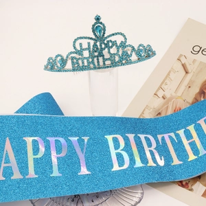 Blue glitter Happy Birthday sash and rhinestone tiara set for party decorations
