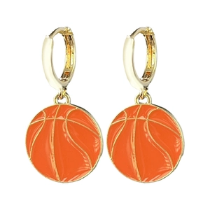 Orecchini a cerchio dorati con ciondolo basket arancione lucido per moda sportiva