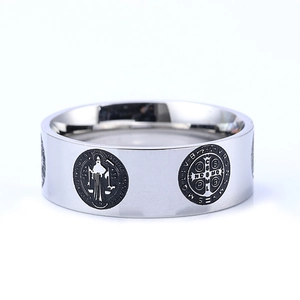 Religious Saint Benedict medal band ring in silver stainless steel for men and women