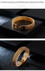 Detailed view of golden woven mesh chain bracelet with square clasp on black display stand