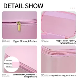 Neceser de maquillaje rosa en tela Oxford impermeable con cremallera y compartimentos