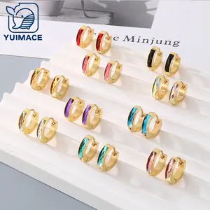 Minimalist Hoop Earrings Stainless Steel With Rectangular Colorful Zircon Geometric Korean Fashion Jewelry For Men Women
