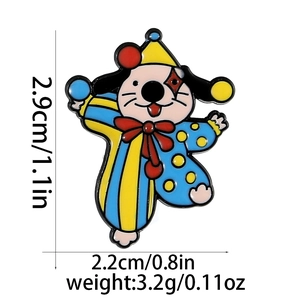 Detailed view of clown dog enamel pin with size 2.9cm x 2.2cm and 3.2g weight