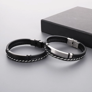 Men's double-layered black braided leather bracelet set with polished stainless steel clasp