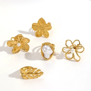 Anelli aperti vintage francesi in acciaio inossidabile placcato oro 18k a forma di fiore