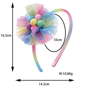 Rainbow gradient mesh flower headband for girls with soft colorful pompom accents