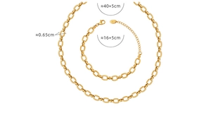 Detail view of 18K gold plated oval link chain necklace and bracelet set with size labels