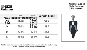 Maattabel voor de halterbody met afmetingen voor buste, taille en lengte in centimeters