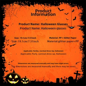 Dimensioni degli occhiali di Halloween che mostrano una larghezza di 19,1 cm in PP