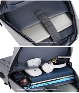 Internal view of gray laptop backpack with padded compartment and functional organizers