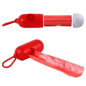 Disassembled and assembled red capsule-shaped pet waste bag dispenser with hook on white