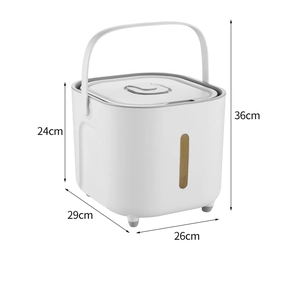 Detailed dimension guide showing 26cm width and 36cm height for white plastic rice container