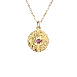Gold evil eye necklace featuring a pink center stone and colorful zircon accents on white background
